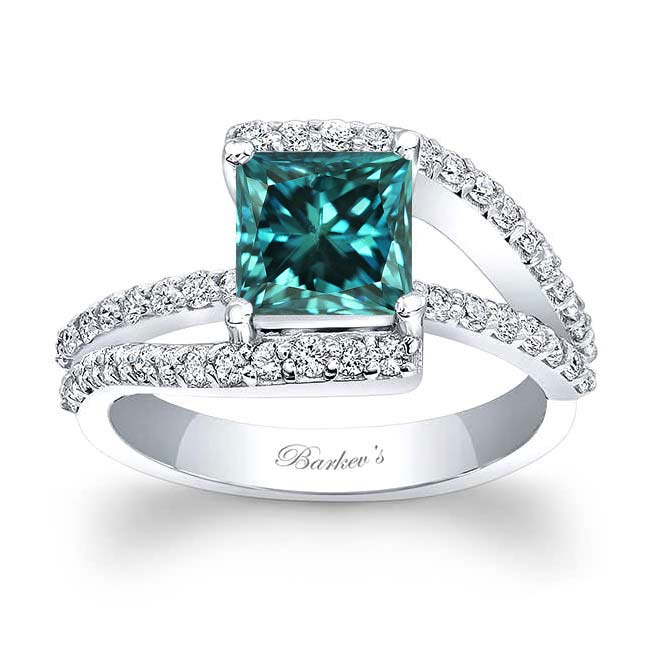 Split Shank Princess Cut Blue And White Diamond Ring