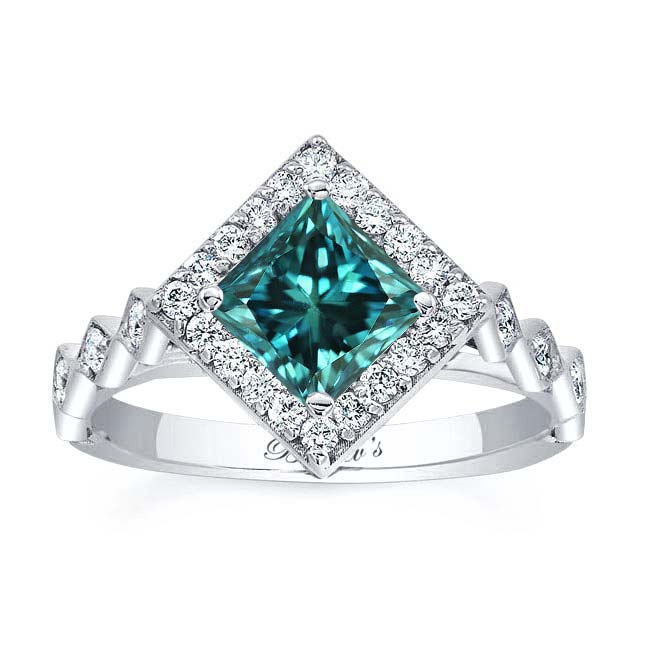 Vintage Princess Cut Blue And White Diamond Halo Ring